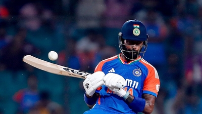 Hardik Pandya plays the no-look ramp shot off Taskin Ahmed in the first T20I against Bangladesh in Gwalior.