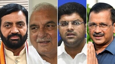 From L to R: Nayab Saini, Bhupinder Hooda, Dushyant Chautala and Arvind Kejriwal. From L to R: Nayab Saini, Bhupinder Hooda, Dushyant Chautala and Arvind Kejriwal.