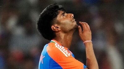 India's Mayank Yadav reacts after taking the wicket of Bangladesh's Mahmudullah during the first T20I. (AP) India's Mayank Yadav reacts after taking the wicket of Bangladesh's Mahmudullah during the first T20I. (AP)