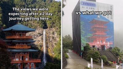 Two tourists find a life-size picture of an iconic Japanese temple (Instagram/@rachandlaurexplore) Two tourists find a life-size picture of an iconic Japanese temple (Instagram/@rachandlaurexplore)