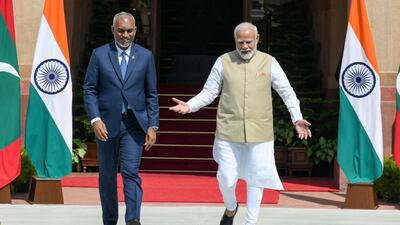 Prime Minister Narendra Modi and Maldives President Mohamed Muizzu before their meeting at the Hyderabad House in New Delhi on October 7. (RAJ K RAJ /HT Photo) Prime Minister Narendra Modi and Maldives President Mohamed Muizzu before their meeting at the Hyderabad House in New Delhi on October 7. (RAJ K RAJ /HT Photo)