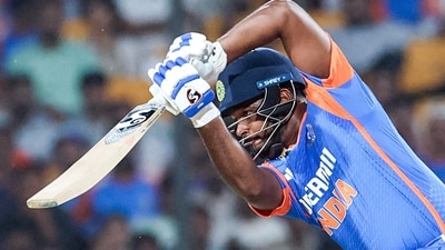 India's Sanju Samson plays a shot during the first T20I match against Bangladesh. (BCCI- X) India's Sanju Samson plays a shot during the first T20I match against Bangladesh. (BCCI- X)