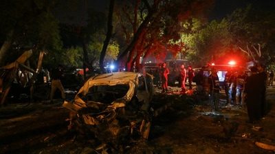 Security officials examine at the site of an explosion which occurred near Karachi airport in Karachi, on late October 6, 2024. A massive blast rocked a road near the airport of Pakistan's largest city as a separatist militant group claimed on Monday an attack in the area. (AFP) Security officials examine at the site of an explosion which occurred near Karachi airport in Karachi, on late October 6, 2024. A massive blast rocked a road near the airport of Pakistan's largest city as a separatist militant group claimed on Monday an attack in the area. (AFP)