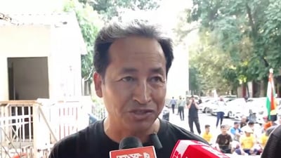 Climate activist Sonam Wangchuk speaking to media on Monday. (PTI) Climate activist Sonam Wangchuk speaking to media on Monday. (PTI)