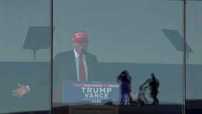 Donald Trump gestures as he speaks during a rally in Juneau, Wisconsin, U.S., October 6, 2024. (REUTERS)