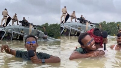 Local YouTuber’s video of an IAF chopper emergency landing in flooded Bihar went viral. (Instagram/mithilagaurav865) Local YouTuber’s video of an IAF chopper emergency landing in flooded Bihar went viral. (Instagram/mithilagaurav865)