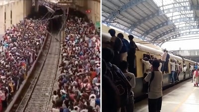 In a series of videos recorded at train stations, a massive crowd of commuters can be waiting for a train. (X/@rose_k01) In a series of videos recorded at train stations, a massive crowd of commuters can be waiting for a train. (X/@rose_k01)