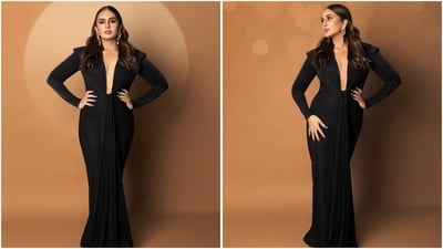 Huma Qureshi stuns in a black maxi gown featuring full sleeves and a deep neckline. Accessorised with dangling golden statement earrings and dewy makeup, she looks absolutely gorgeous. (Instagram)