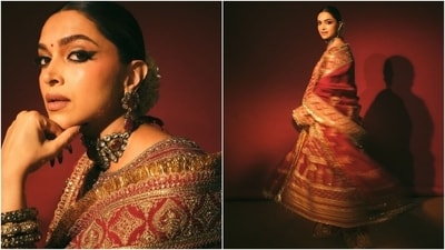 Deepika Padukone's sindoori red anarkali suit is the epitome of elegance and royalty. Her attire, embellished with heavy golden hand embroidery, sequin work, and intricate detailing, exudes rich craftsmanship. (Instagram ) Deepika Padukone's sindoori red anarkali suit is the epitome of elegance and royalty. Her attire, embellished with heavy golden hand embroidery, sequin work, and intricate detailing, exudes rich craftsmanship. (Instagram )