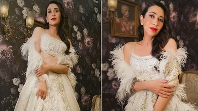 Karisma Kapoor’s outfit is the perfect blend of drama and glamour. With a white chikankari-embellished lehenga and bold red lips, she demonstrates how to slay in white this Navratri. (Instagram/@eshaamiin1) Karisma Kapoor’s outfit is the perfect blend of drama and glamour. With a white chikankari-embellished lehenga and bold red lips, she demonstrates how to slay in white this Navratri. (Instagram/@eshaamiin1)
