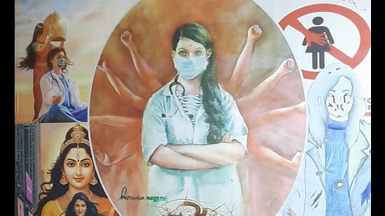 A banner promoting awareness over ‘safe work environment for women’ that will be displayed at Bondhu Mahal Durga Puja Pandal. (Sourced)