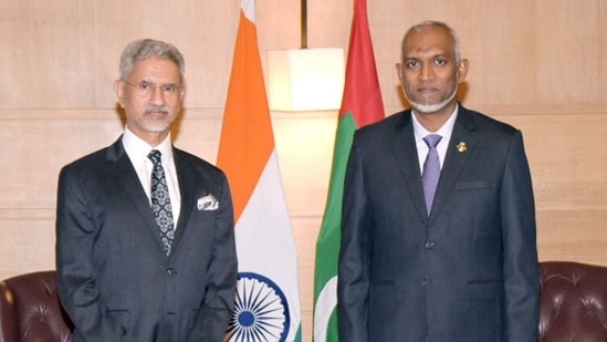 New Delhi, India - Oct. 6, 2024: President of Maldives Mohamed Muizzu with Union Minister for External Affairs S. Jaishankar in New Delhi, India, on Sunday, October 6, 2024. ( HT PHOTO / Hindustan Times) (Hindustan Times)