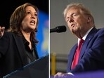 This combination photo shows Democratic presidential nominee Vice President Kamala Harris at a rally in Flint, Mich., Oct. 4, 2024, left, and Republican presidential nominee former President Donald Trump at a campaign rally in Walker, Mich., Sept. 27, 2024.