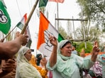 Supporters of Congress and National Conference (NC) celebrate as the Congress-NC alliance leads during the counting of votes of Jammu & Kashmir Assembly elections in Srinagar on October 8. (PTI)