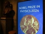 A view of the sign for the Nobel Prize in Physics in the Royal Swedish Academy of Sciences in Stockholm, Sweden, October 8, 2024. 