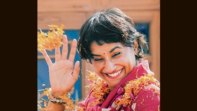 Congress candidate from Julana seat Vinesh Phogat celebrates her win in the Haryana Assembly elections in Jind district on Tuesday. (PTI)