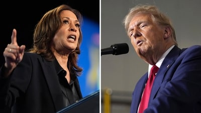 This combination photo shows Democratic presidential nominee Vice President Kamala Harris at a rally in Flint, Mich., Oct. 4, 2024, left, and Republican presidential nominee former President Donald Trump at a campaign rally in Walker, Mich., Sept. 27, 2024. (AP) This combination photo shows Democratic presidential nominee Vice President Kamala Harris at a rally in Flint, Mich., Oct. 4, 2024, left, and Republican presidential nominee former President Donald Trump at a campaign rally in Walker, Mich., Sept. 27, 2024. (AP)