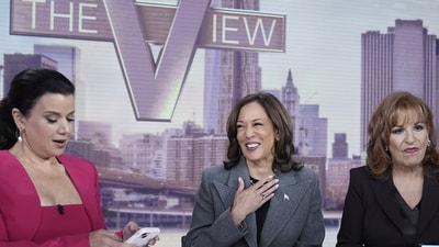 Democratic presidential nominee Vice President Kamala Harris chats with the hosts during a commercial break at The View, Tuesday, Oct. 8, 2024, in New York. From left are Ana Navarro, Harris, Joy Behar and Sunny Hostin. (AP Photo/Jacquelyn Martin) (AP) Democratic presidential nominee Vice President Kamala Harris chats with the hosts during a commercial break at The View, Tuesday, Oct. 8, 2024, in New York. From left are Ana Navarro, Harris, Joy Behar and Sunny Hostin. (AP Photo/Jacquelyn Martin) (AP)