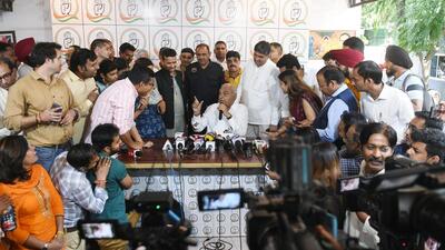 Former Haryana chief minister and Congress leader Bhupinder Singh Hooda during a press conference in Delhi on Monday. (ANI)
