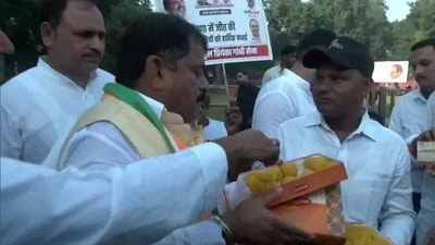Congress workers distribute ‘ladoos’ as party leads in Haryana (ANI)