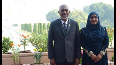 Maldives President Mohamed Muizzu and his wife Sajidha Mohamed on Taj Mahal premises in Agra on October 8. (HT photo) Maldives President Mohamed Muizzu and his wife Sajidha Mohamed on Taj Mahal premises in Agra on October 8. (HT photo)