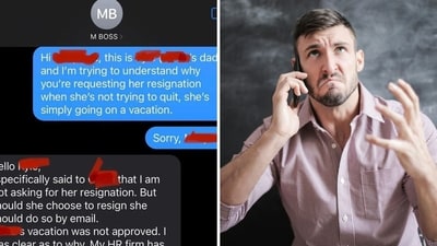 The image shows a conversation between a man and his daughter’s boss. (Pexels, Threads/quitbytext) The image shows a conversation between a man and his daughter’s boss. (Pexels, Threads/quitbytext)