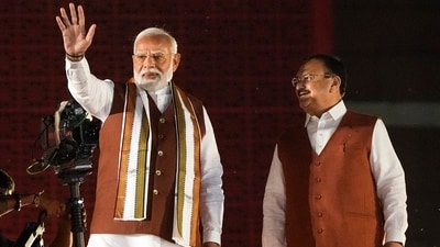 Prime Minister Narendra Modi and Union Minister and BJP National President JP Nadda greet the gathering at the party headquarters after the declaration of results for the Haryana and Jammu and Kashmir Assembly elections, in New Delhi. (PTI) Prime Minister Narendra Modi and Union Minister and BJP National President JP Nadda greet the gathering at the party headquarters after the declaration of results for the Haryana and Jammu and Kashmir Assembly elections, in New Delhi. (PTI)