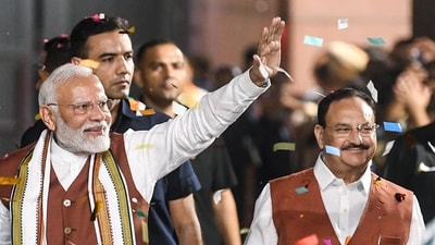 Prime Minister Narendra Modi greets Bharatiya Janata Party (BJP) workers and leaders after the party's victory in the Haryana Assembly elections, at the party headquarter in New Delhi on Tuesday. (ANI) Prime Minister Narendra Modi greets Bharatiya Janata Party (BJP) workers and leaders after the party's victory in the Haryana Assembly elections, at the party headquarter in New Delhi on Tuesday. (ANI)
