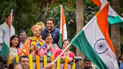 (File photo) Paris Olympics bronze medallist shooter Swapnil Kusale being welcomed on his arrival, in Pune (PTI) (File photo) Paris Olympics bronze medallist shooter Swapnil Kusale being welcomed on his arrival, in Pune (PTI)