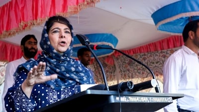 Peoples Democratic Party (PDP) President Mehbooba Mufti addresses during an election rally ahead of Jammu and Kashmir Assembly elections, at Lalpora village of Tangmarg in north Kashmir, Friday, Sept. 27, 2024. (PTI) Peoples Democratic Party (PDP) President Mehbooba Mufti addresses during an election rally ahead of Jammu and Kashmir Assembly elections, at Lalpora village of Tangmarg in north Kashmir, Friday, Sept. 27, 2024. (PTI)