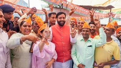 Haryana Election Result Live: Haryana Chief Minister Nayab Singh Saini with BJP workers at a polling station on the day of voting for Haryana Assembly elections, at Ladwa in Kurukshetra district of Haryana. (File) Haryana Election Result Live: Haryana Chief Minister Nayab Singh Saini with BJP workers at a polling station on the day of voting for Haryana Assembly elections, at Ladwa in Kurukshetra district of Haryana. (File)