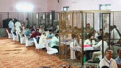 Counting of votes underway at a centre for Haryana Assembly polls, in Jind. (PTI)