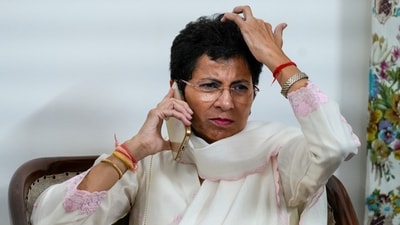Haryana Congress leader Kumari Selja at her residence on Haryana Assembly polls results day, in New Delhi, Tuesday. (PTI Photo/Vijay Verma)