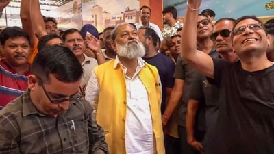 BJP leader Anil Vij monitors Haryana Assembly poll results with party workers, in Ambala, Tuesday, Oct. 8, 2024.&nbsp; (PTI)