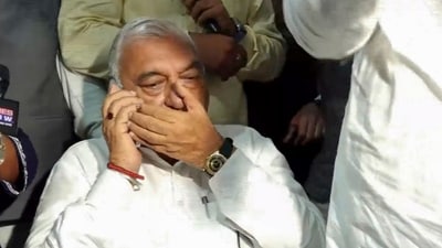 Former Haryana chief minister and Congress leader Bhupinder Singh Hooda speaks with the media on the day of the results of Haryana assembly elections. (PTI)