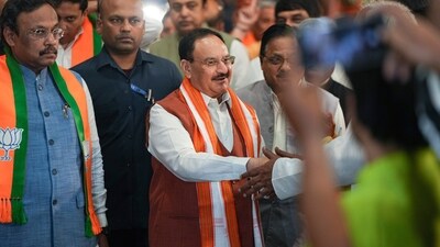 New Delhi: Union Minister and BJP National President JP Nadda, party�s National General Secretary Vinod Tawde and others arrive at the party headquarters ahead of Prime Minister Narendra Modi�s address after the party�s victory in Haryana Assembly elections, in New Delhi, Tuesday, Oct. 8, 2024. (PTI Photo/Atul Yadav) New Delhi: Union Minister and BJP National President JP Nadda, party�s National General Secretary Vinod Tawde and others arrive at the party headquarters ahead of Prime Minister Narendra Modi�s address after the party�s victory in Haryana Assembly elections, in New Delhi, Tuesday, Oct. 8, 2024. (PTI Photo/Atul Yadav)