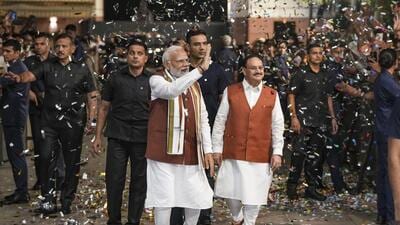 Prime Minister Narendra Modi and Union health minister JP Nadda at the BJP headquarters in Delhi on Tuesday. (PTI) Prime Minister Narendra Modi and Union health minister JP Nadda at the BJP headquarters in Delhi on Tuesday. (PTI)