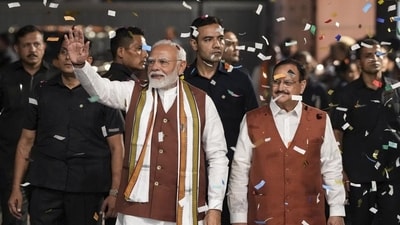 Prime Minister Narendra Modi and Union minister JP Nadda at the BJP headquarters in Delhi on Tuesday. (PTI) Prime Minister Narendra Modi and Union minister JP Nadda at the BJP headquarters in Delhi on Tuesday. (PTI)