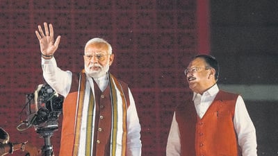 Prime Minister Narendra Modi and Union minister and BJP national president JP Nadda at the party headquarters after the declaration of results for the Haryana and Jammu and Kashmir Assembly elections, in New Delhi on Tuesday. (PTI) Prime Minister Narendra Modi and Union minister and BJP national president JP Nadda at the party headquarters after the declaration of results for the Haryana and Jammu and Kashmir Assembly elections, in New Delhi on Tuesday. (PTI)