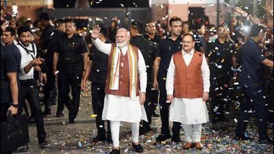 Prime Minister Narendra Modi greets Bharatiya Janata Party (BJP) workers and leaders after the party's victory in the Haryana assembly elections, at the party headquarters in New Delhi on Tuesday. (ANI) Prime Minister Narendra Modi greets Bharatiya Janata Party (BJP) workers and leaders after the party's victory in the Haryana assembly elections, at the party headquarters in New Delhi on Tuesday. (ANI)