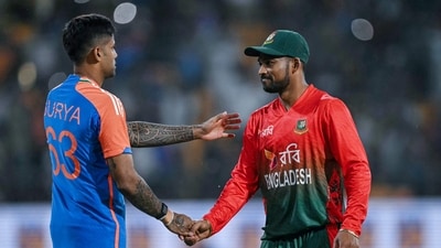 India's captain Suryakumar Yadav shakes hands with his Bangladesh's counterpart Najmul Hossain Shanto. (AFP) India's captain Suryakumar Yadav shakes hands with his Bangladesh's counterpart Najmul Hossain Shanto. (AFP)