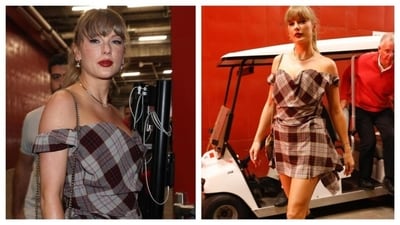 Taylor Swift wore an off-shoulder dress, and sported a new blush look. (Instagram) Taylor Swift wore an off-shoulder dress, and sported a new blush look. (Instagram)