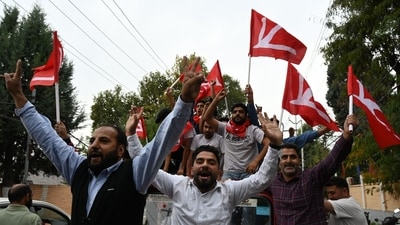 Supporters of the National Conference celebrated their victory in the assembly elections in Srinagar on Tuesday. (Waseem Andrabi/HT Photo) Supporters of the National Conference celebrated their victory in the assembly elections in Srinagar on Tuesday. (Waseem Andrabi/HT Photo)