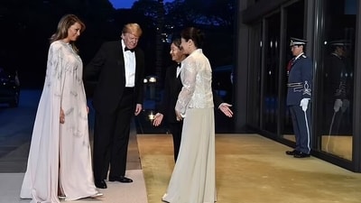 Donald and Melania Trump were welcomed by Japan's Emperor Naruhito and Empress Masako upon their arrival at the Imperial Palace for a state banquet in May 2019. (AP) Donald and Melania Trump were welcomed by Japan's Emperor Naruhito and Empress Masako upon their arrival at the Imperial Palace for a state banquet in May 2019. (AP)