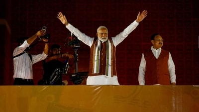 Prime Minister Narendra Modi gestures, at the BJP headquarters as the party celebrates its win in the Haryana assembly elections on October 8. (Reuters)