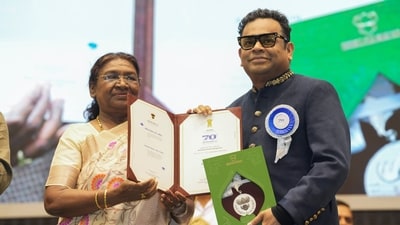 President Droupadi Murmu presented the Best Music Direction (Background) award to AR Rahman for Ponniyin Selvan-Part 1 (Tamil) during the ceremony at Vigyan Bhawan. (PTI) President Droupadi Murmu presented the Best Music Direction (Background) award to AR Rahman for Ponniyin Selvan-Part 1 (Tamil) during the ceremony at Vigyan Bhawan. (PTI)