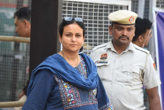 Pearl Chaudhary, Congress candidate from Pataudi at the counting centre set up in Government Girls College in Sector 14 on Tuesday. (Parveen Kumar/HT Photo) Pearl Chaudhary, Congress candidate from Pataudi at the counting centre set up in Government Girls College in Sector 14 on Tuesday. (Parveen Kumar/HT Photo)