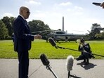 US President Joe Biden speaks to members of the media on the South Lawn of the White House before boarding Marine One in Washington, DC, US US President Joe Biden speaks to members of the media on the South Lawn of the White House before boarding Marine One in Washington, DC, US