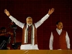 Indian Prime Minister Narendra Modi gestures, at the Bharatiya Janata Party (BJP) headquarters as BJP celebrates its win in the Haryana state assembly elections, in New Delhi, India, October 8, 2024.