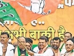 Mumbai, India. Oct 08, 2024: Deputy Chief Minister of Maharashtra Devendra Fadnavis and State President Chandrakant Bawankule, along with BJP party workers, celebrated the victory in the Haryana assembly election in Mumbai.Mumbai, India. Oct 08, 2024. (Photo by Raju Shinde/HT Photo) (Hindustan Times)